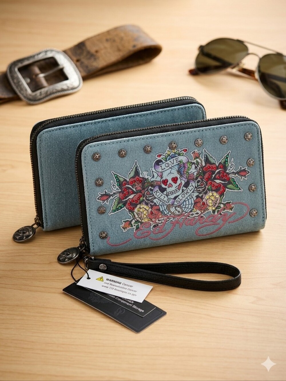 Ed Hardy NWT Light Blue Denim Skull & Floral Zip Wallet with Studs